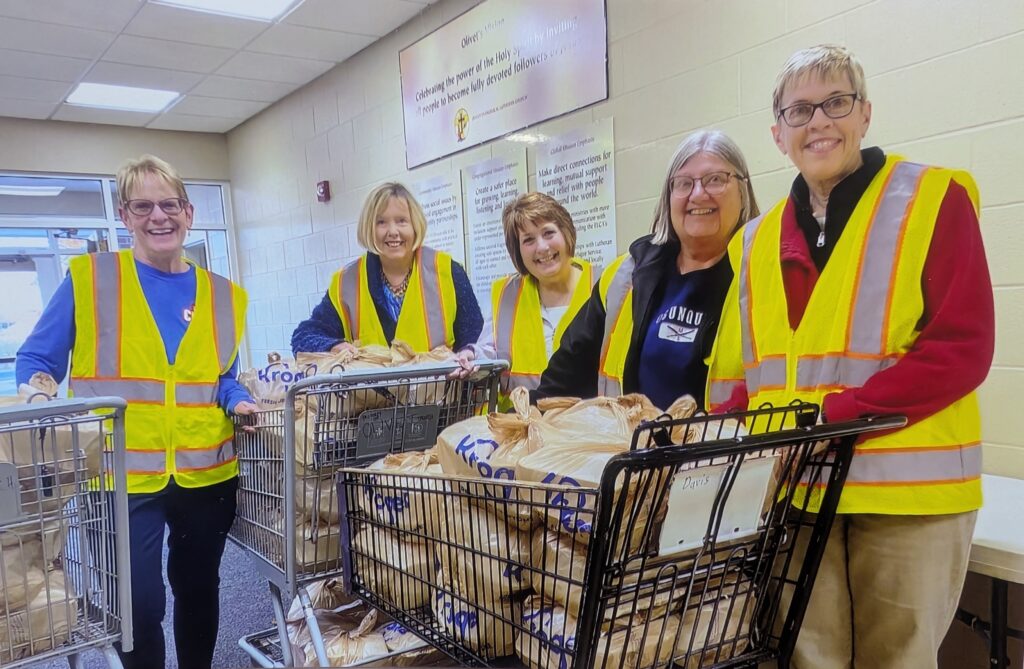 Five volunteers wearing high visibility jackets stand with shopping carts full of boxed meals