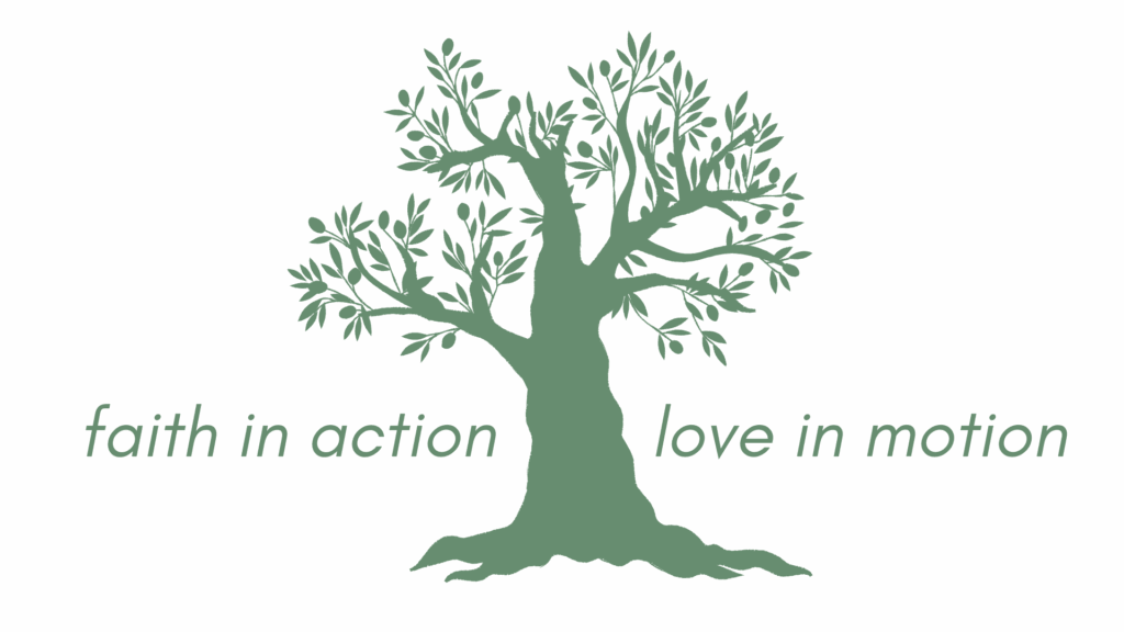 silhouette of an olive tree with the words "faith in action" on one side and "love in motion" on the other